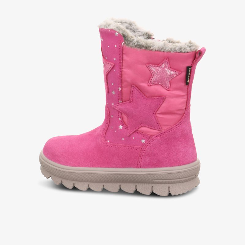 Stylische pinke Winterstiefel mit Sternenmuster und warmem Innenfutter.