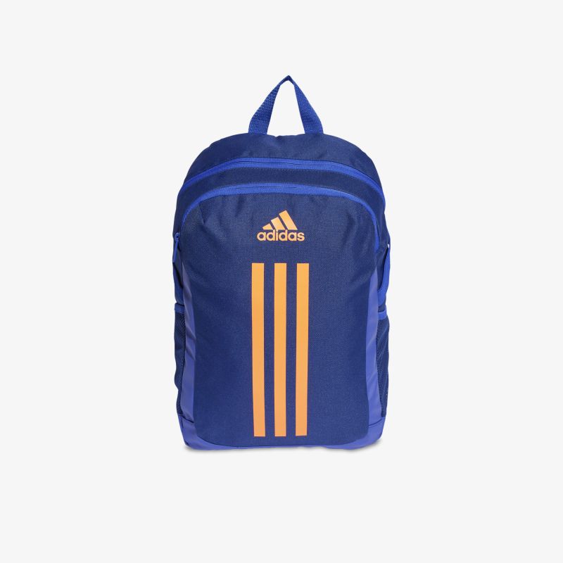 Blauer Rucksack mit ikonischen Streifen und Logo, funktionales und stilvolles Design für Alltag und Aktivitäten.