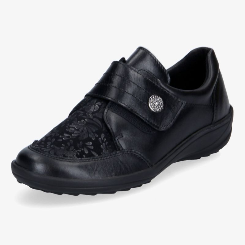 Eleganter schwarzer Schuh mit Klettverschluss und floralem Muster, ideal für Komfort und Stil.