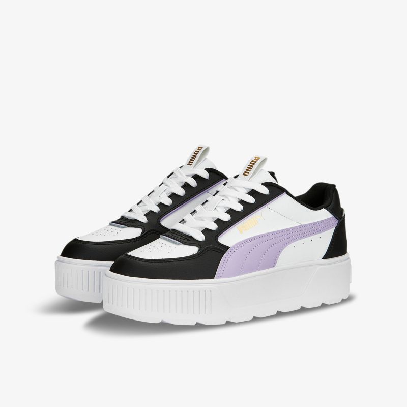Stylische Sneaker mit violett-weißen Details und robuster Plateausohle. Komfortabel und modisch vielseitig einsetzbar.