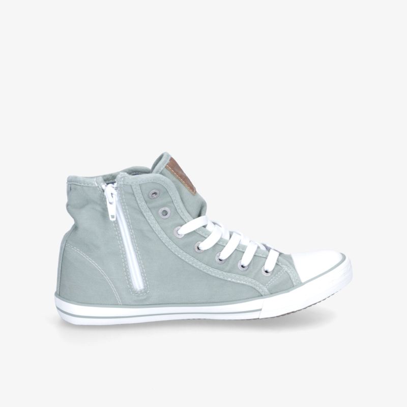 Moderner grauer Sneaker mit hohem Schaft, seitlichem Reißverschluss und weißen Akzenten, ideal für jeden Look.