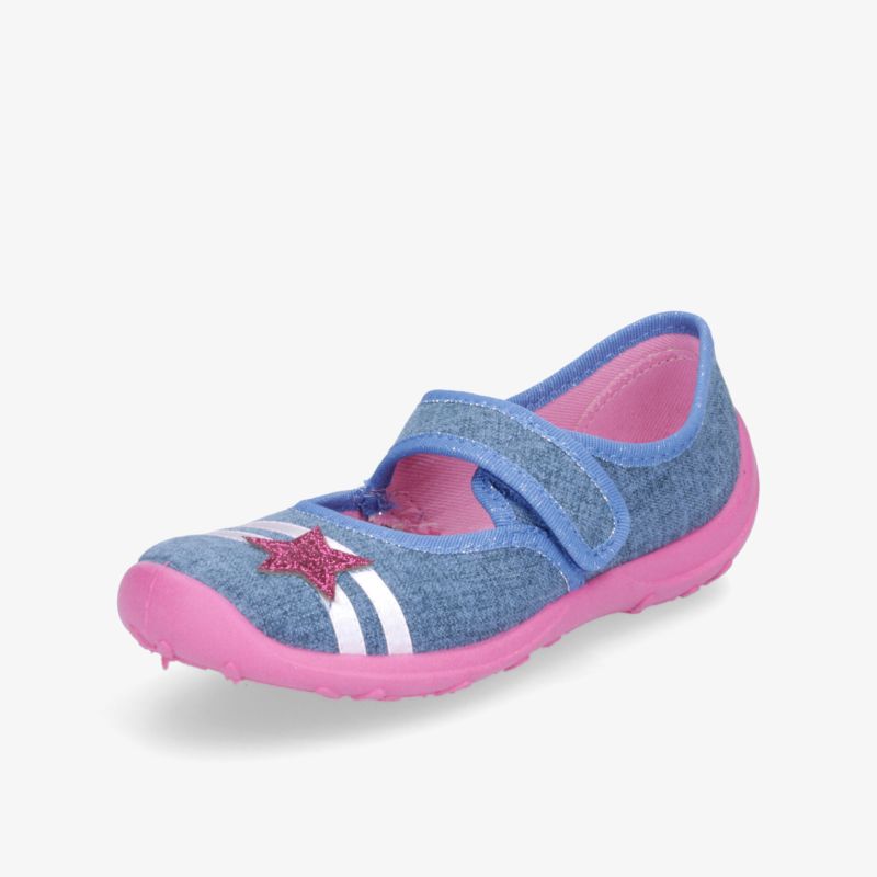 Leichter blauer Schuh mit pinker Sohle und Sternmotiven, flexible Passform und rutschfester Sohle für hohen Tragekomfort