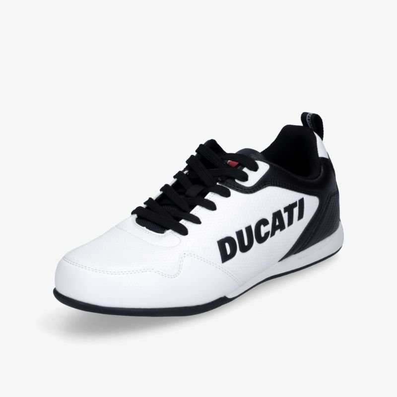 Moderner weißer Sneaker mit schwarzem Detail und Ducati-Logo, sportlich und bequem für täglichen Gebrauch