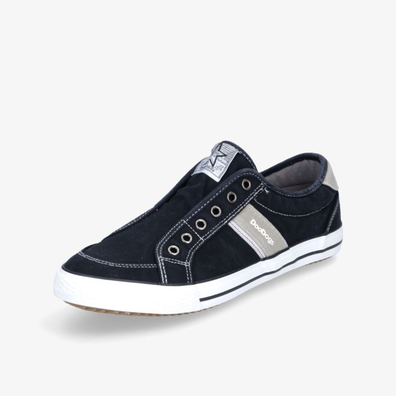 Moderner schwarzer Sneaker mit weißer Sohle, schlankem Design und elastischem Einstieg für hohen Tragekomfort