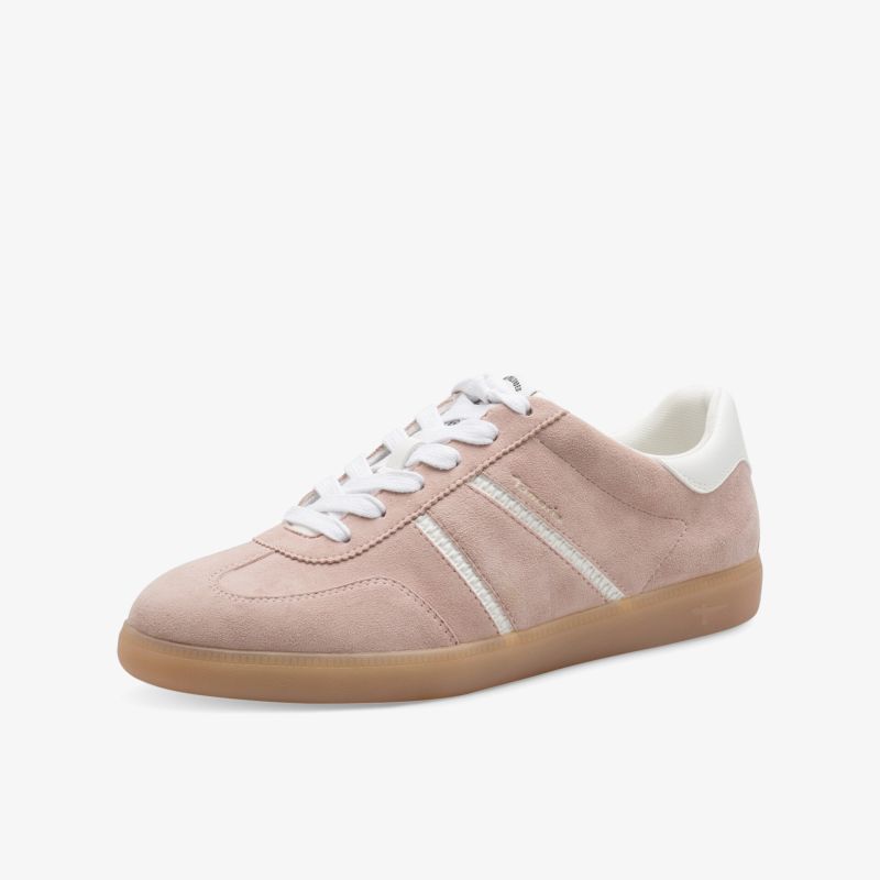 Rosafarbener Sneaker seitliche Ansicht, leichter und bequemer Freizeitschuh mit weichem Material und rutschfester Sohle