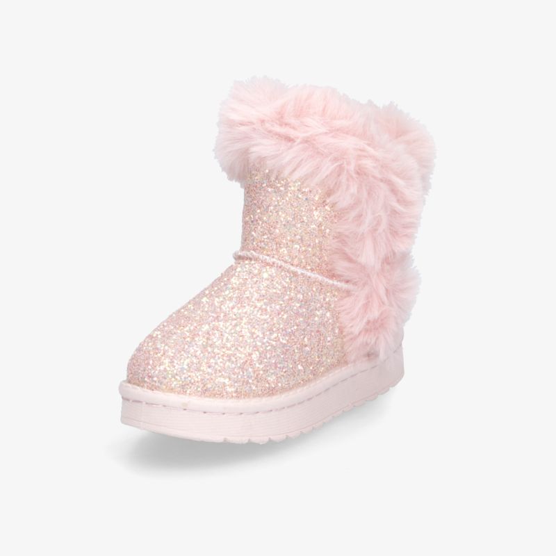 Rosa Winterstiefel mit flauschigem Kragen und glitzerndem Material, warm und bequem für kalte Tage