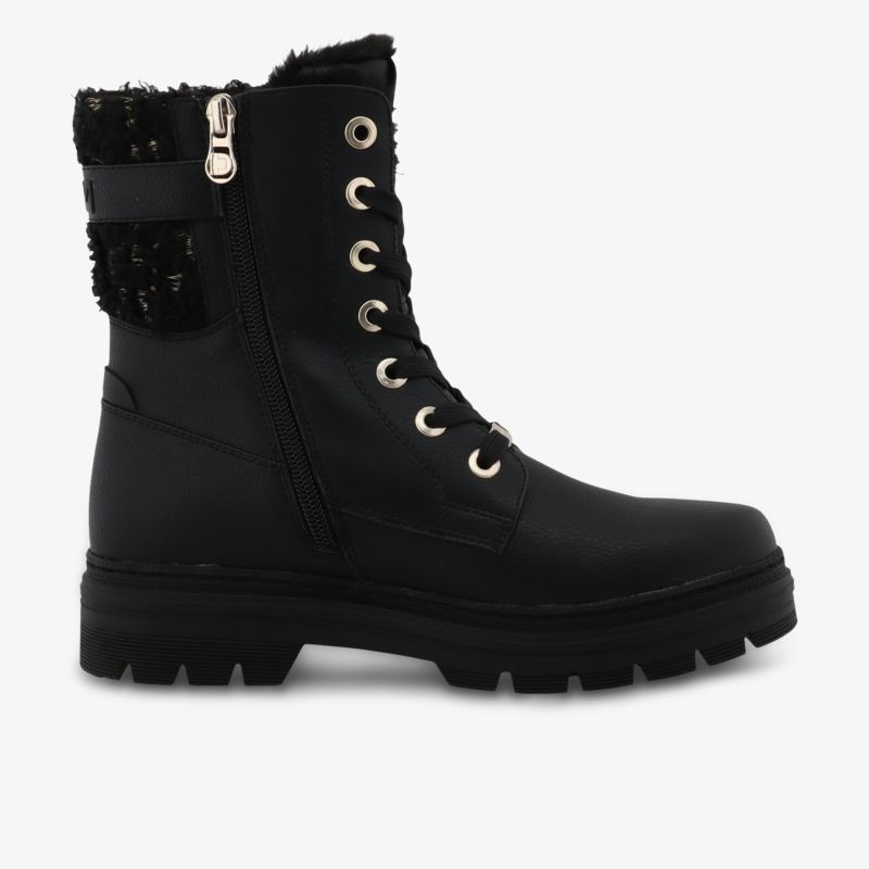 Robuster schwarzer Winterstiefel mit warmem Fellfutter, seitlichem Reißverschluss und rutschfester Profilsohle