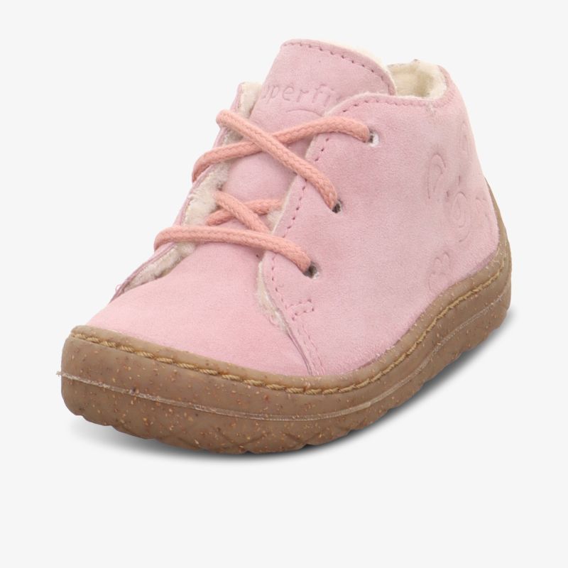 Rosa Kinderstiefel mit warmem Futter und rutschfester Sohle. Perfekt für Komfort und Stil.