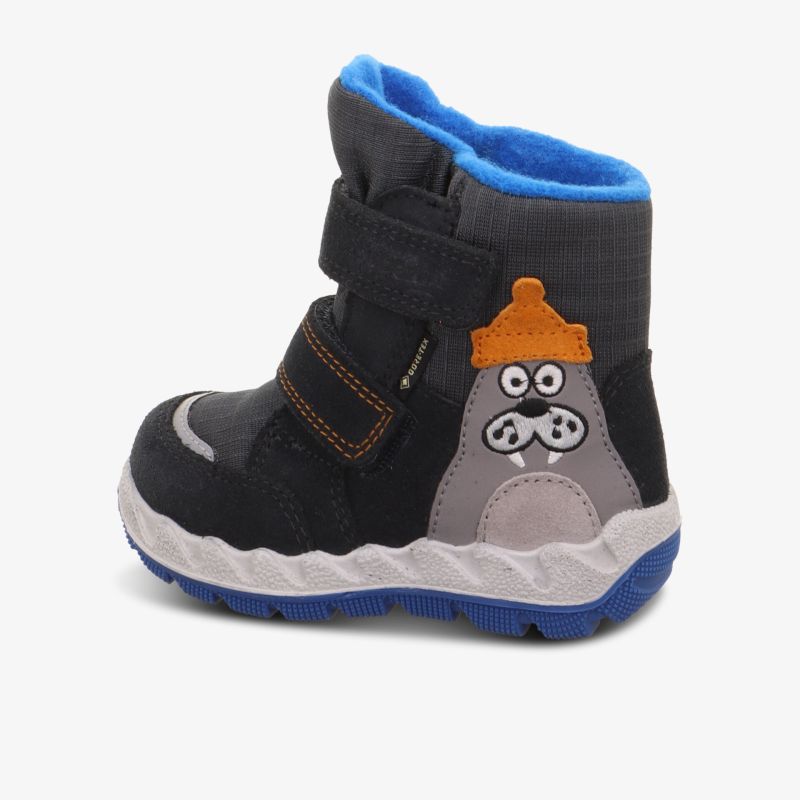 Stylischer Winterschuh mit Klettverschluss und rutschfester Sohle in Blau und Schwarz, warm gefüttert für Komfort.