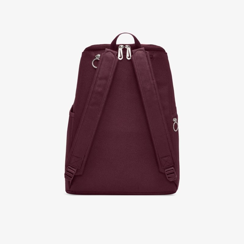 Burgundy backpack with adjustable straps and zipper closure, offering style and functionality for everyday use.