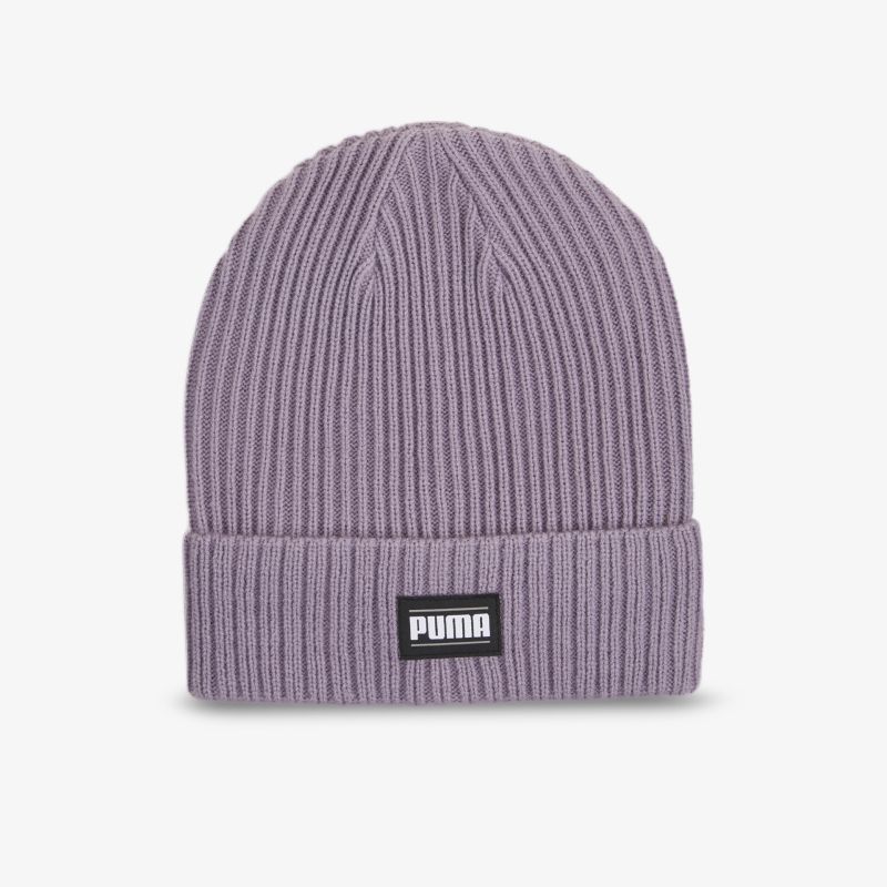 Warme und bequeme lila Strickmütze aus elastischem Material mit prominentem Puma Logo