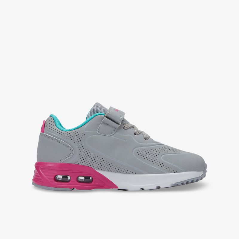 Grauer Sneaker mit pinken Akzenten und Klettverschluss, ideal für Sport und Freizeit.