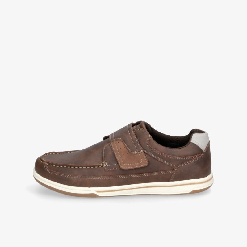 Eleganter brauner Schuh mit Klettverschluss, weicher Polsterung und rutschfester Sohle für hohen Tragekomfort