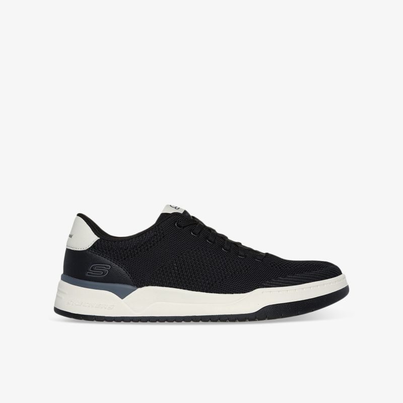 Schwarzer sportlicher Schuh mit weißer Sohle, leicht und atmungsaktiv, flexible Passform und rutschfest