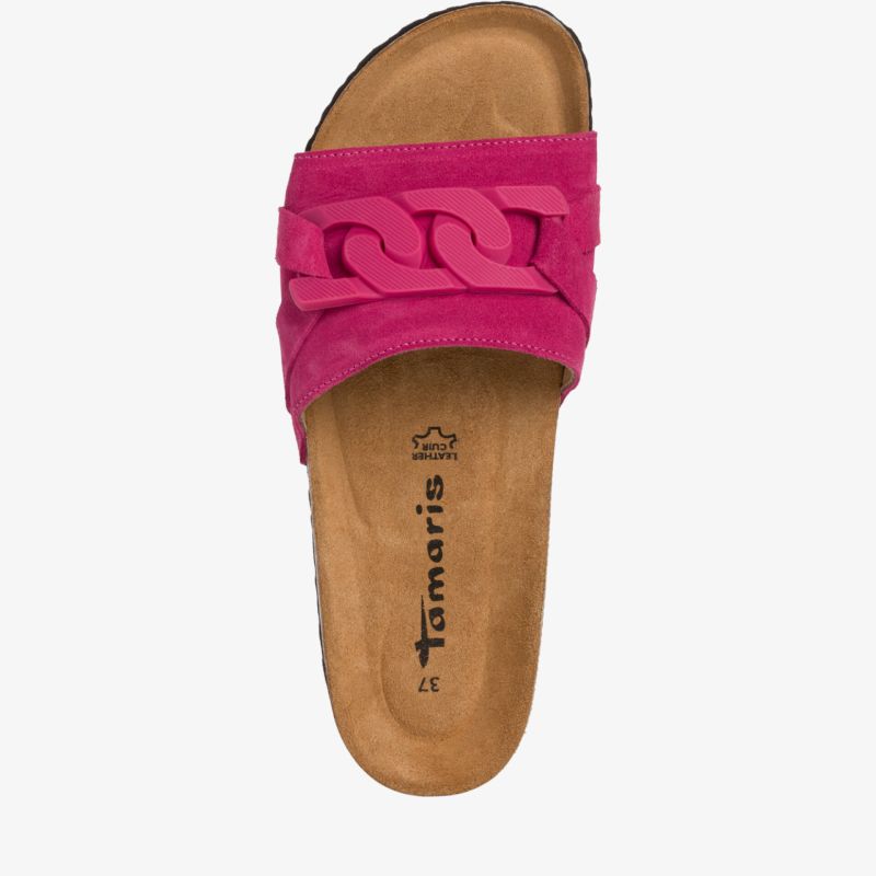Modische pinke Sandale mit bequemem Fußbett und dekorativer Kette, ideal für warme Sommertage.