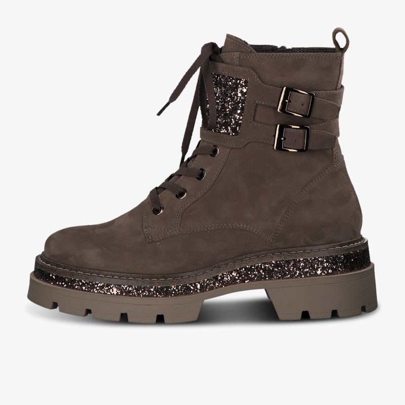 Robuster Stiefel in Braun mit Glitzerdetails und Schnürung für stilvolle Auftritte bei jedem Wetter.