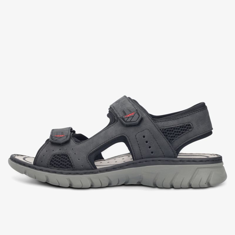 Leichte schwarze Sandale mit verstellbaren Riemen und rutschfester, flexibler Sohle, seitliche Ansicht