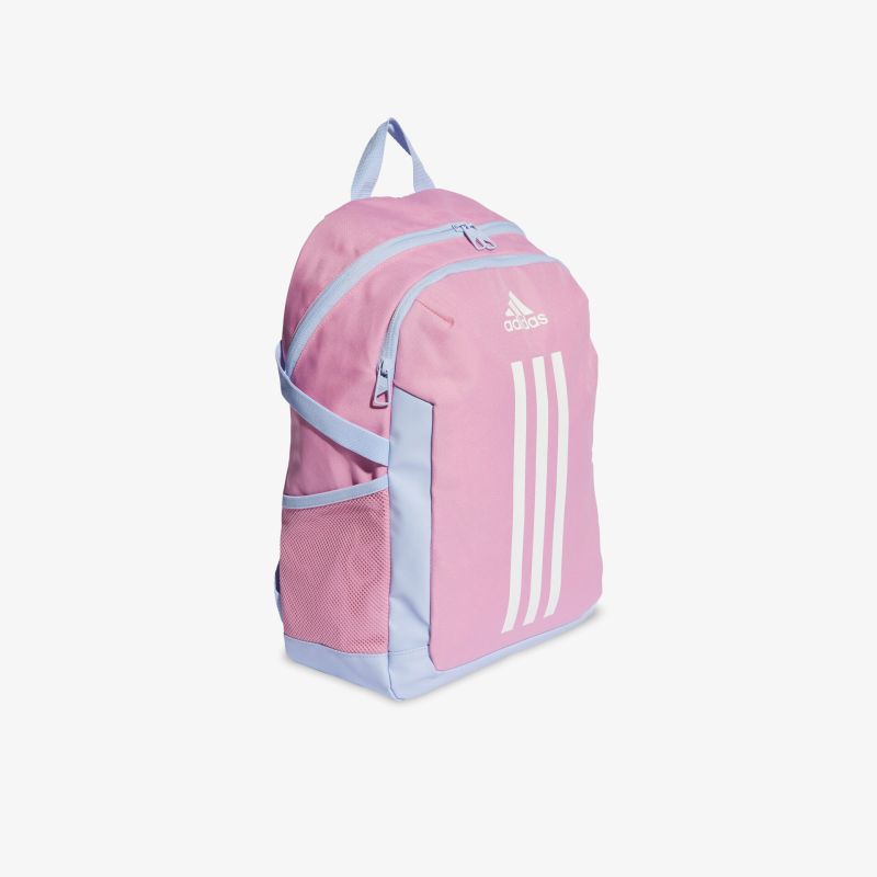 Stylischer rosa Rucksack mit drei weißen Streifen, praktischem Design und komfortablen Trägern.