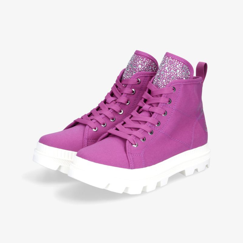 Moderne, knöchelhohe lila Sneakers mit glitzernden Details und weißer Sohle für einen modischen Auftritt.