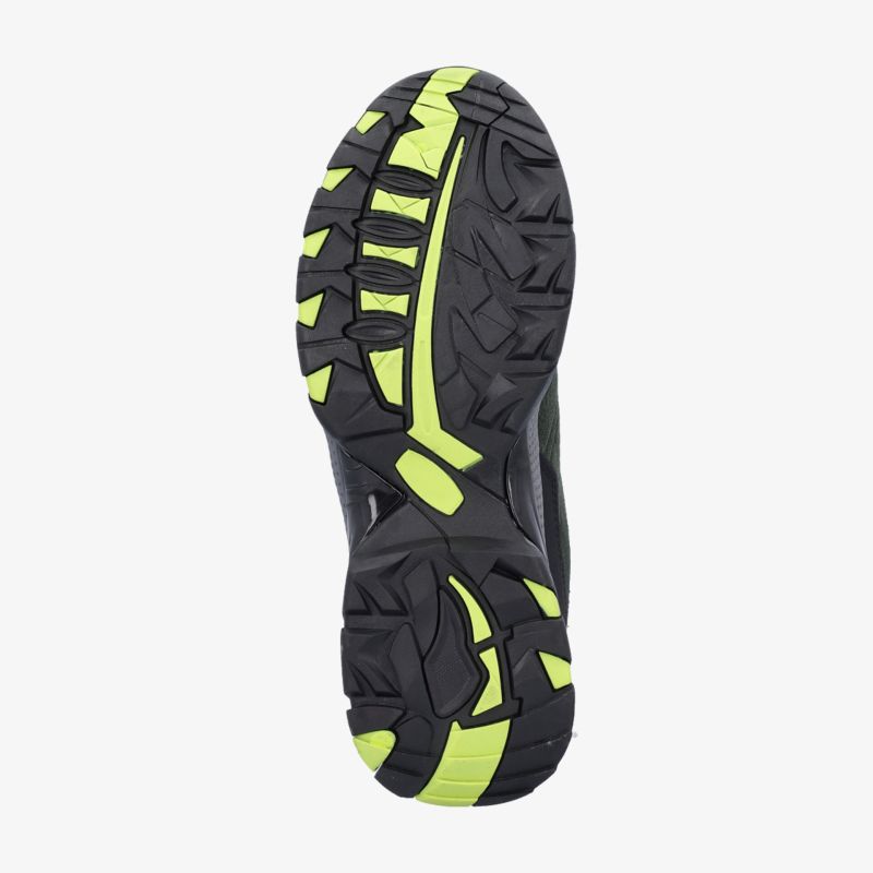 Strapazierfähige schwarze und grüne Schuhsohle mit ausgeprägtem Profil für optimalen Halt auf unebenem Gelände.