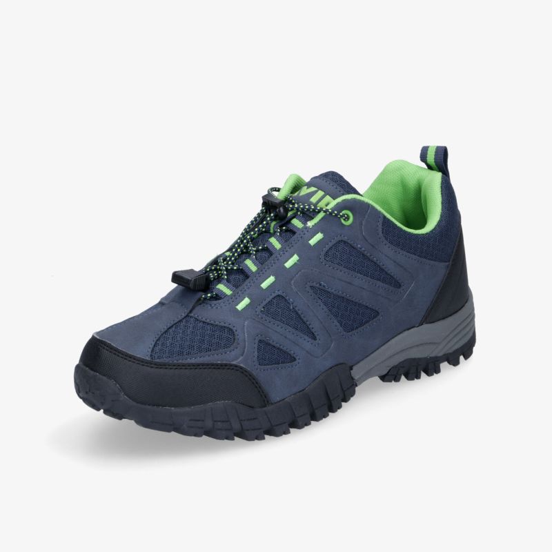 Robuste Wanderschuhe in Blau mit grünen Akzenten, ideal für Outdoor-Abenteuer und optimalen Tragekomfort.