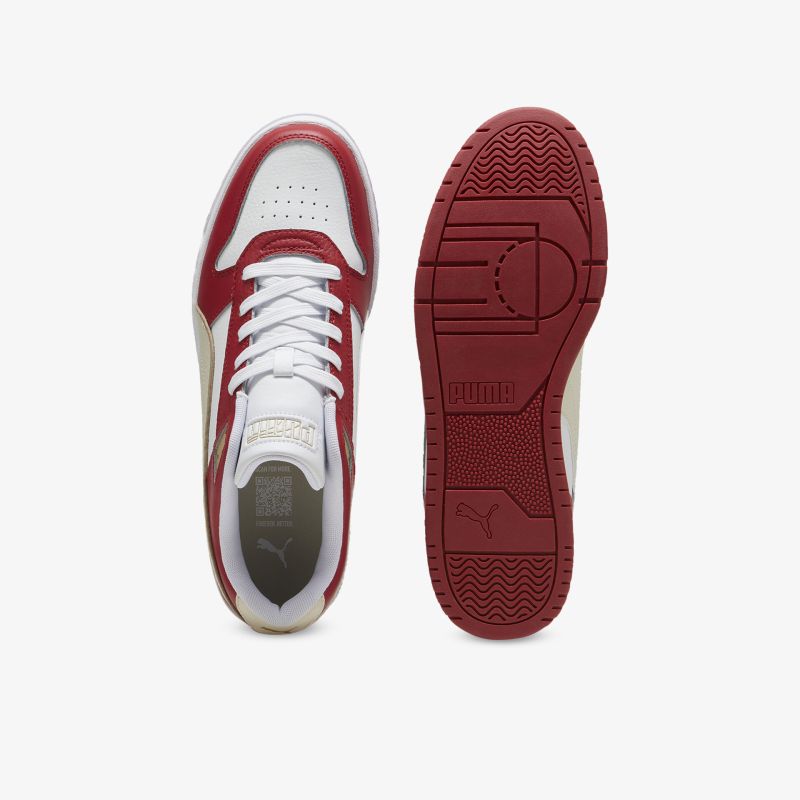 Rutschfester Sneaker mit gepolsterter Innensohle, robustem Design und modischem rot-weißem Look, Draufsicht und Sohlenansicht