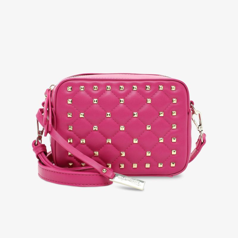 Elegante pinke Gürteltasche mit Rautenmuster und Nieten, verstellbarer Schulterriemen und praktischem Reißverschluss.