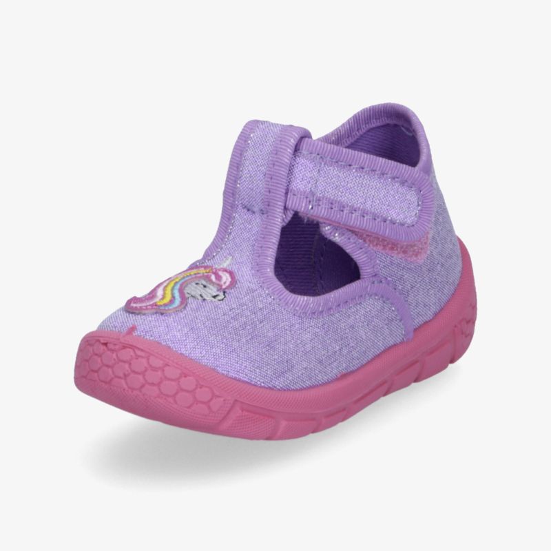 Bequemer Kinderschuh in Violett mit rosa Sohle, verstellbarem Klettverschluss und Einhornmotiv, idealer Alltagsschuh