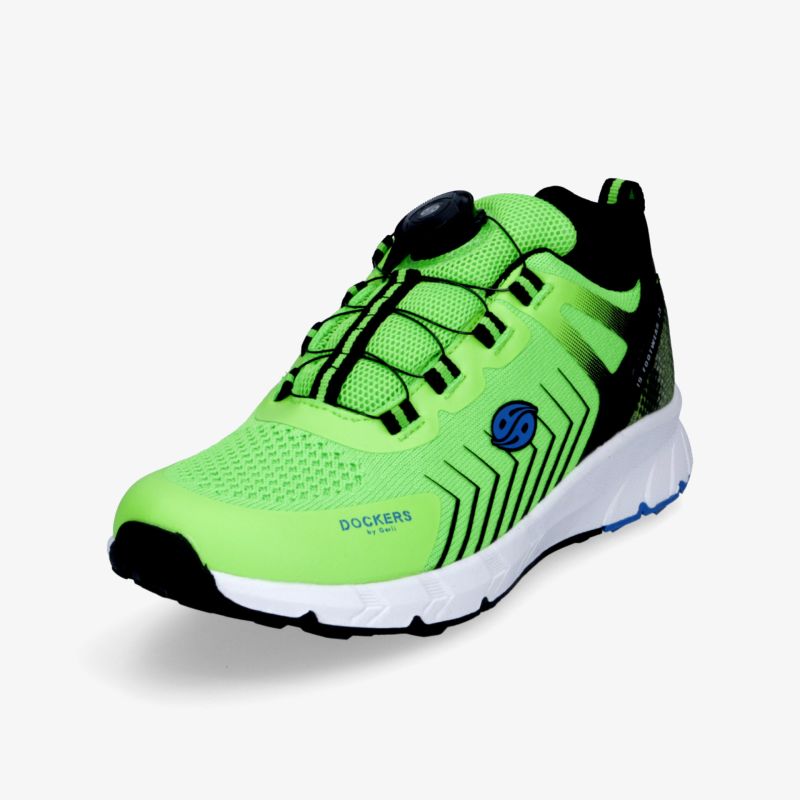Leichter, atmungsaktiver Laufschuh in leuchtendem Grün mit innovativem Schnürsystem und rutschfester Sohle.