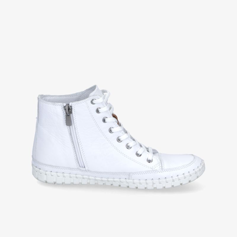 Weiße Sneaker mit Reißverschluss und Schnürung, seitliche Ansicht, flexibles Design für Alltag und Freizeit.