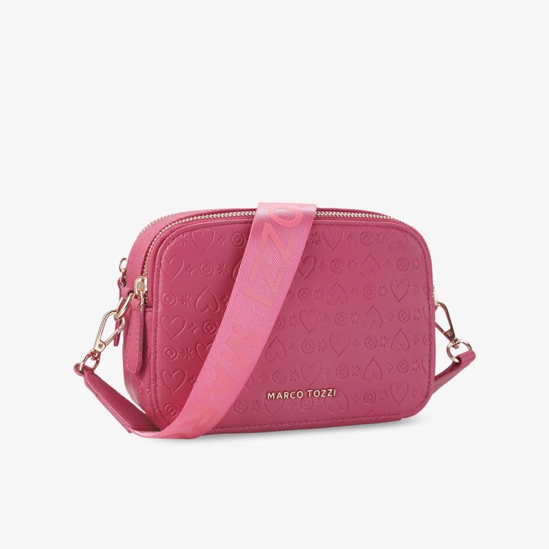 Elegante pinke Schultertasche mit Strukturmuster und verstellbarem Schultergurt, ideal für vielseitige Anlässe.