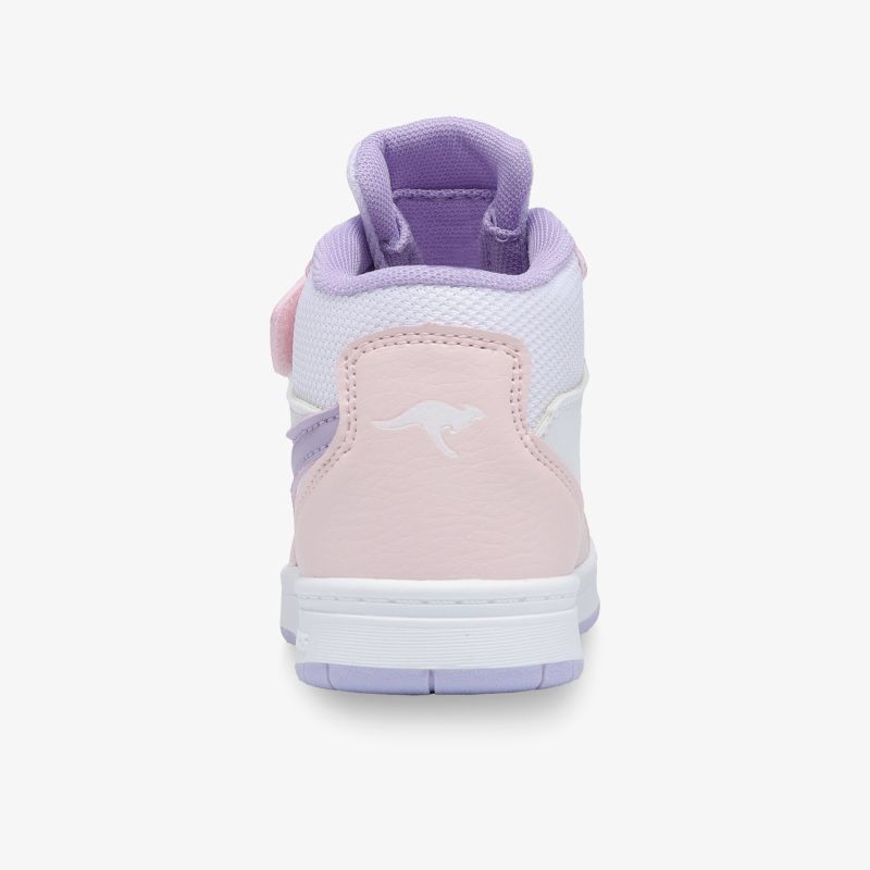 Pastellfarbener Sneaker in Rosa und Lila, Rückansicht mit gepolsterter Fersenkappe und stabilem Absatz