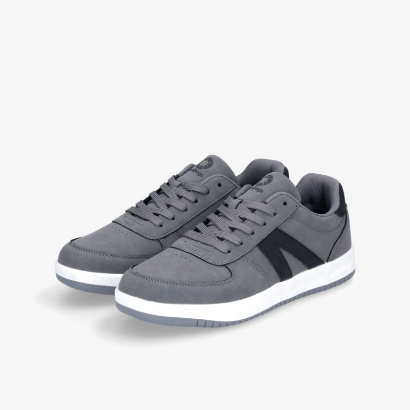 Graue Sneaker mit weißer Sohle und schwarzem Streifen, ideal für einen sportlichen und modernen Look.