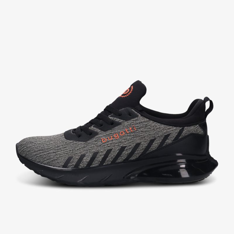 Grauer Sneaker mit schwarzem Akzent und rotem Logo für maximalen Komfort und Stil.