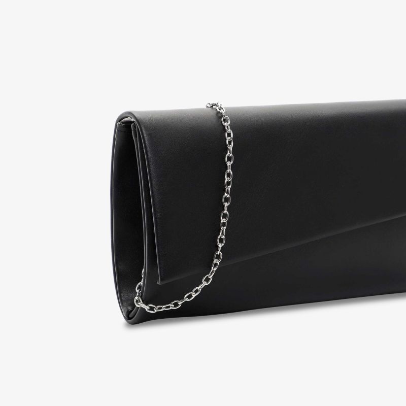 Elegante schwarze Clutch mit silberner Kette, ideal für besondere Anlässe. Modernes Design und hochwertige Verarbeitung.