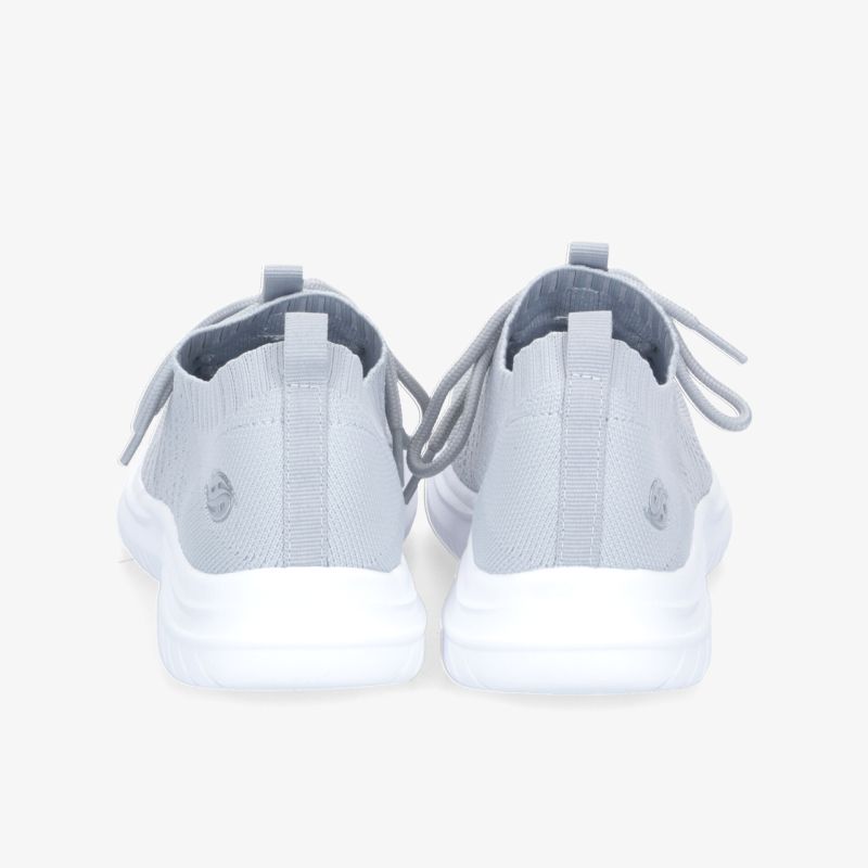 Graue Sneaker mit leichtem Design und gepolsterter Sohle. Rückansicht zeigt dezentes Logo und Schnürsenkel.