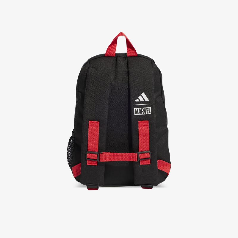 Robuster schwarzer Rucksack mit roten Akzenten, verstellbaren Riemen und Marvel-Logo, funktional und stilvoll