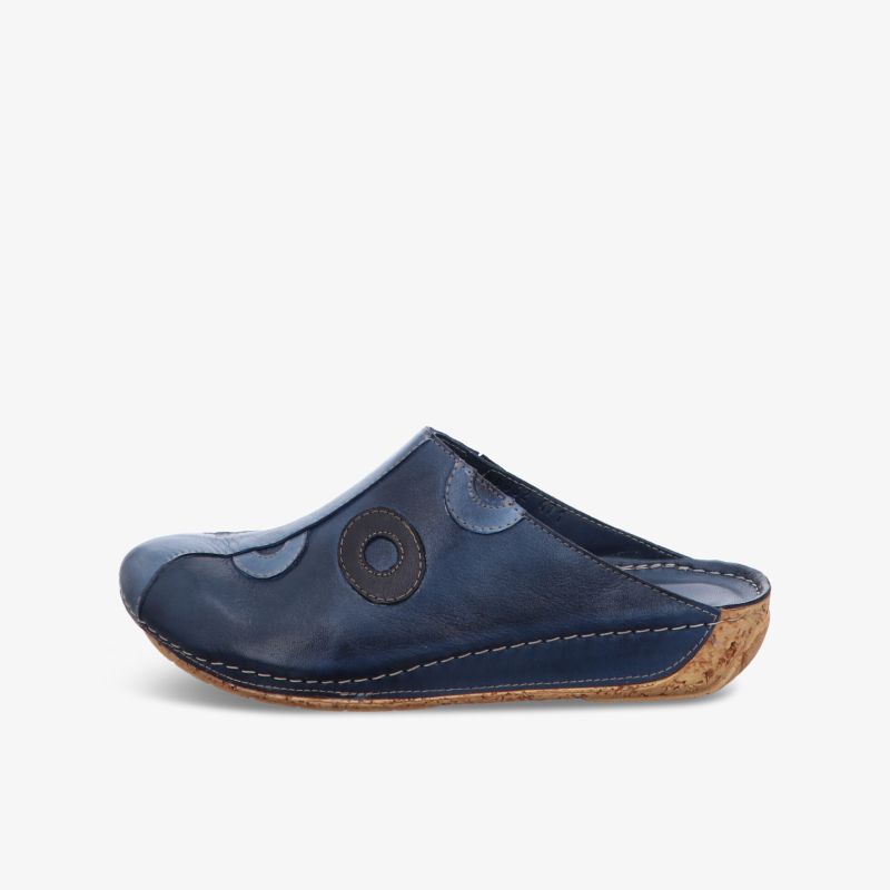 Blaue Lederclogs mit ergonomischem Design und strapazierfähiger Sohle für optimalen Komfort.