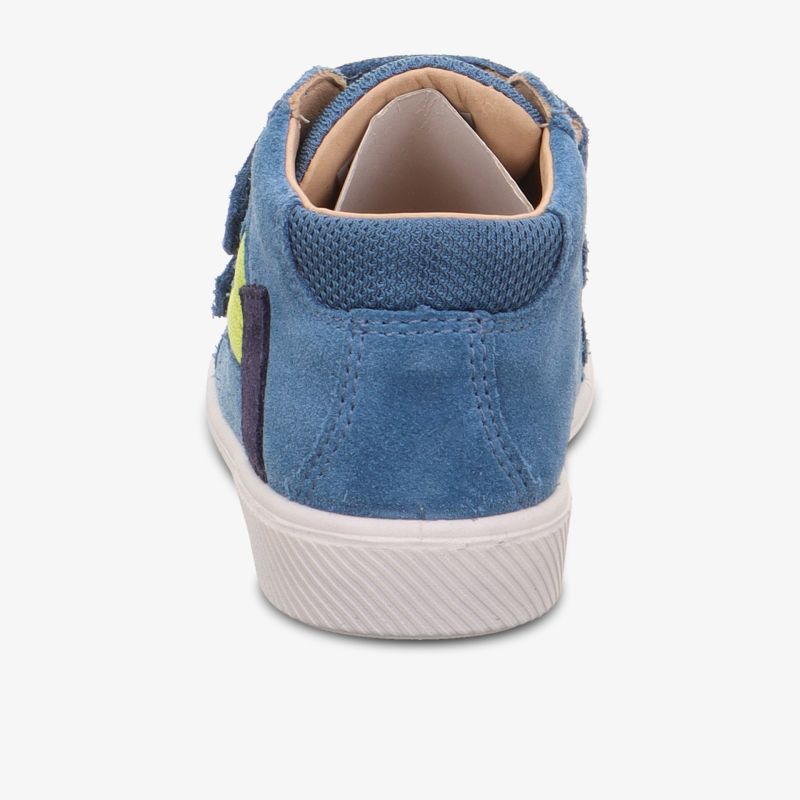 Blauer Veloursleder-Schuh mit sicherem Halt und rutschfester Sohle, Rückansicht.