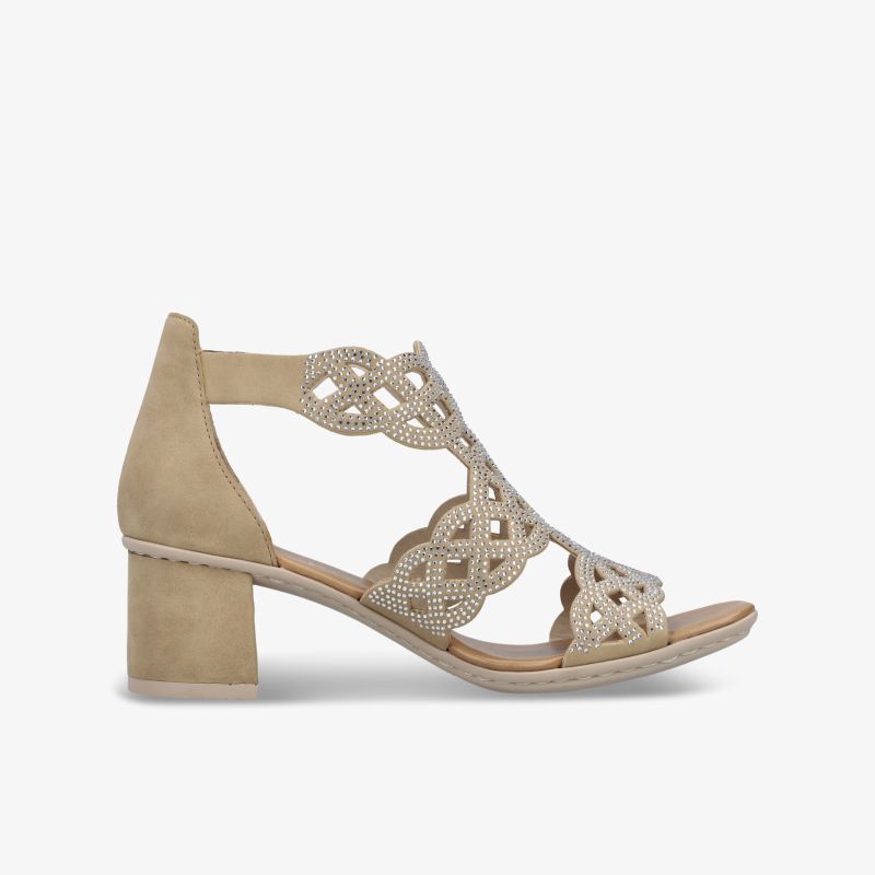 Bequeme Sandale mit mittelhohem Blockabsatz und filigranem Cut-Out Design in neutralem Ton