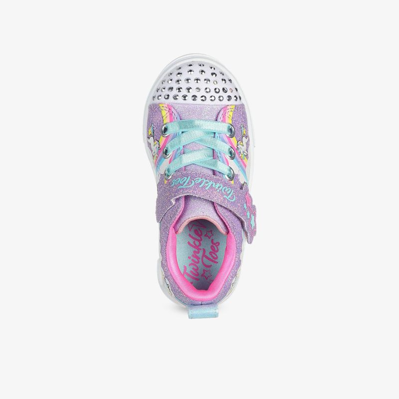 Bunter kinder sneaker in lila und türkis mit schnürsenkeln, sportlich und bequem, oben draufsicht