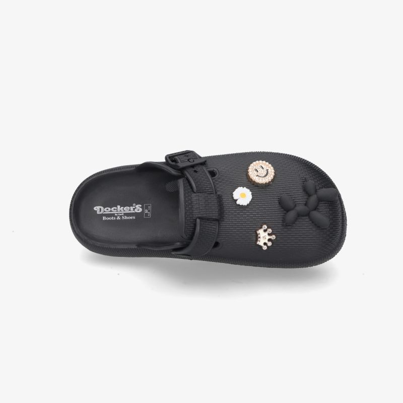 Schwarzer Clog mit verstellbarem Riemen und dekorativen Verzierungen für bequemen und sicheren Halt