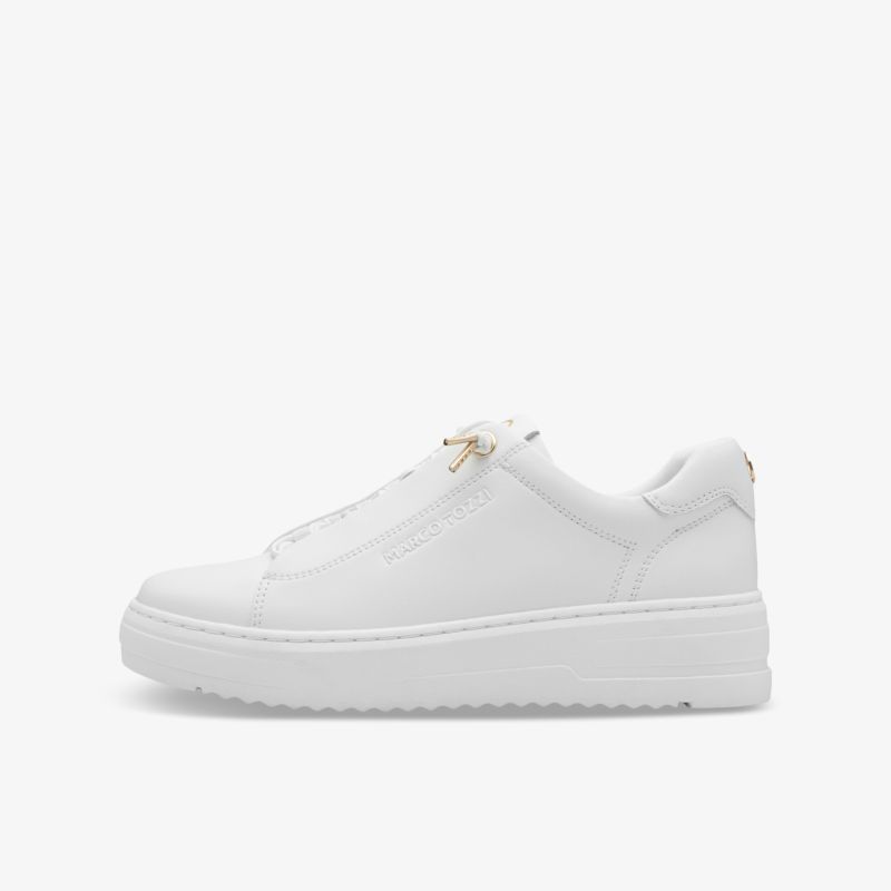 Weißer Sneaker in klarer seitlicher Ansicht mit moderner Optik und flacher komfortabler Sohle