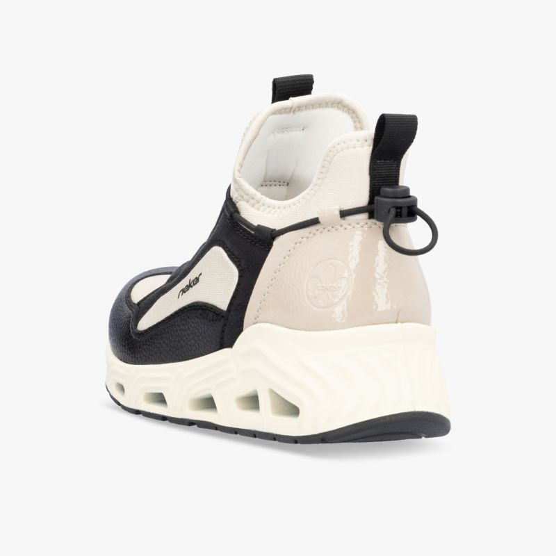 Moderner, sportlicher Sneaker in Schwarz und Beige mit bequemer Polsterung und rutschfester Sohle, Rückansicht