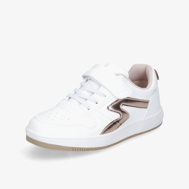 Stilvoller weißer Sneaker mit Klettverschluss und braunen Akzenten für optimalen Komfort und Halt.