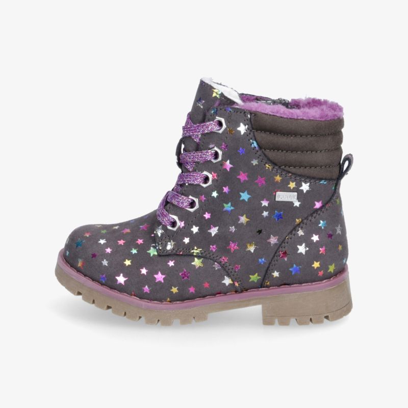 Stylischer Stiefel mit buntem Sternenmuster, warmem Innenfutter und robuster Sohle für besten Halt.