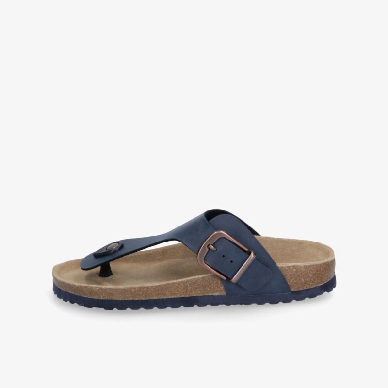 Bequeme blaue Zehensteg-Sandale mit verstellbarem Riemen und weicher, rutschfester Sohle für angenehmen Tragekomfort