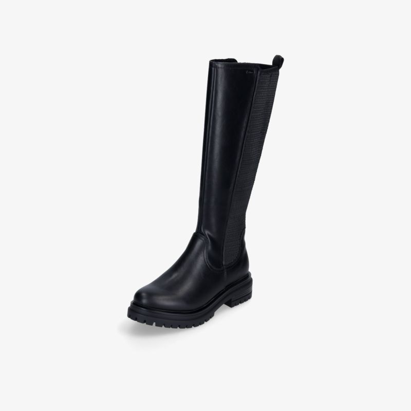 Elegante kniehohe schwarze Stiefel mit robuster Sohle und stilvollem Design für vielseitige Outfitkombinationen.