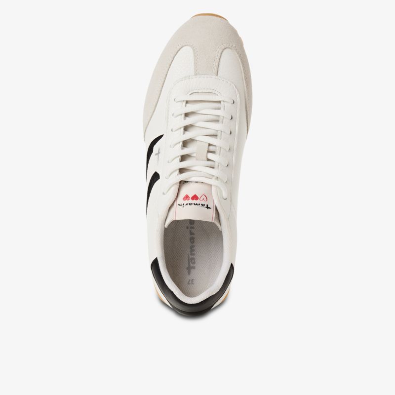 Weißer Sneaker mit schwarzen Streifen und schnürsenkeln, sportlich und bequem, Draufsicht