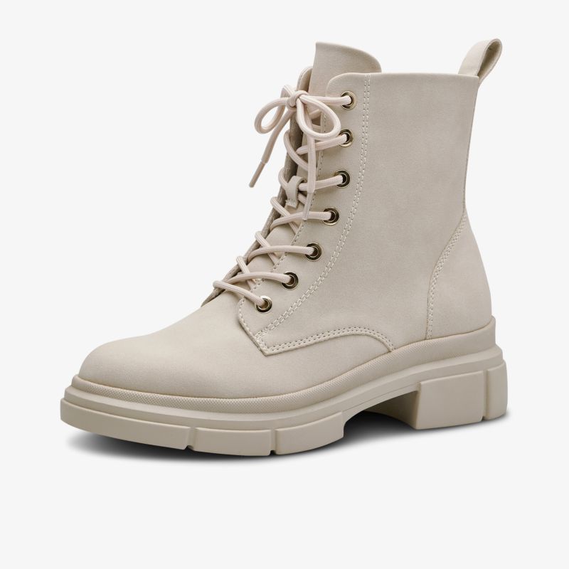 Beige Schnürstiefel mit robustem Profil und modernem Design, ideal für stilvolle Outfits und Komfort im Alltag.